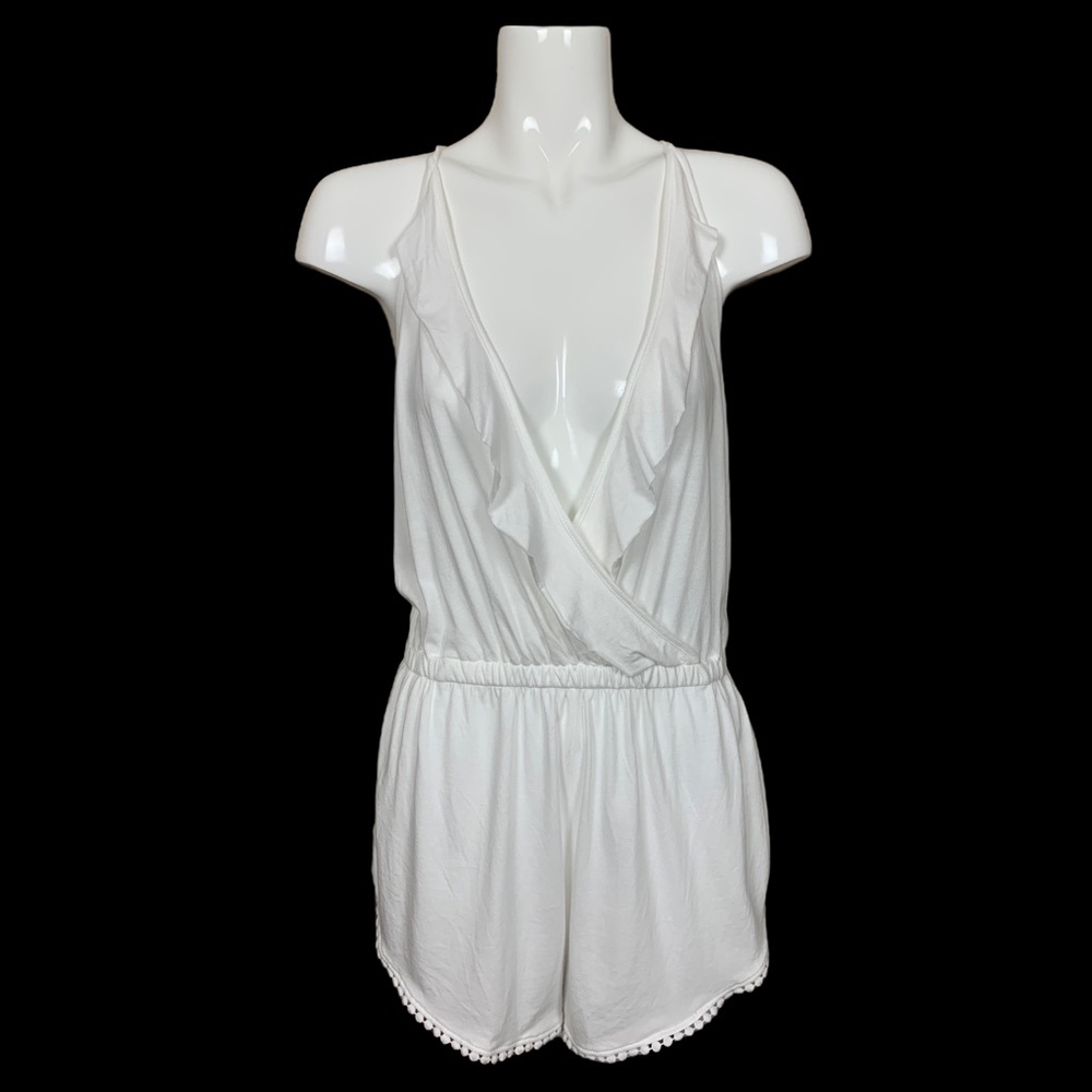 Topshop White Surplice V Neck Ruffle Front Strappy Romper Medium